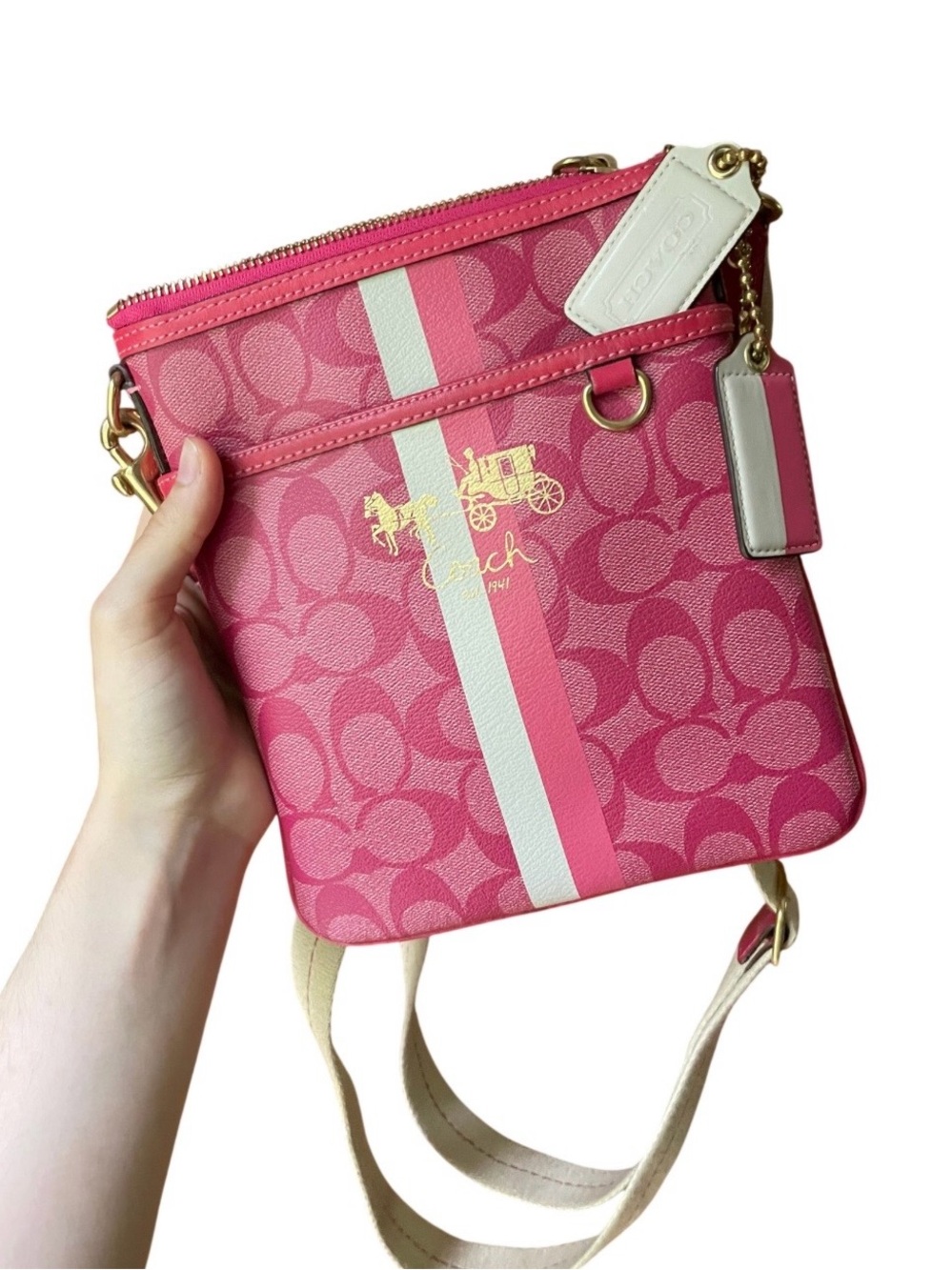 Coach Heritage Stripe Signature Swingpack Crossbody Fuchsia Pink